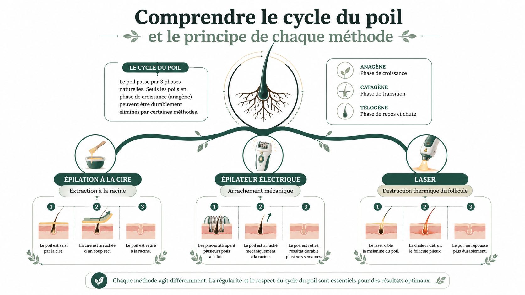 Schéma explicatif illustrant le cycle pilaire et les différentes méthodes d'épilation comme la cire, l'épilateur et le laser.