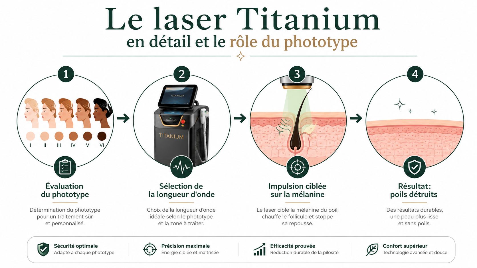 Schéma explicatif illustrant les étapes du fonctionnement du laser Titanium pour une épilation efficace et sécurisée.
