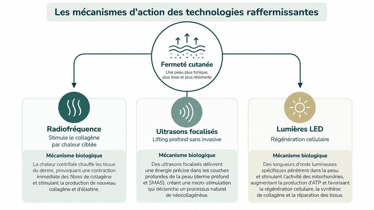 Schéma explicatif des mécanismes d'action des technologies raffermissantes pour améliorer la fermeté cutanée du visage et corps.