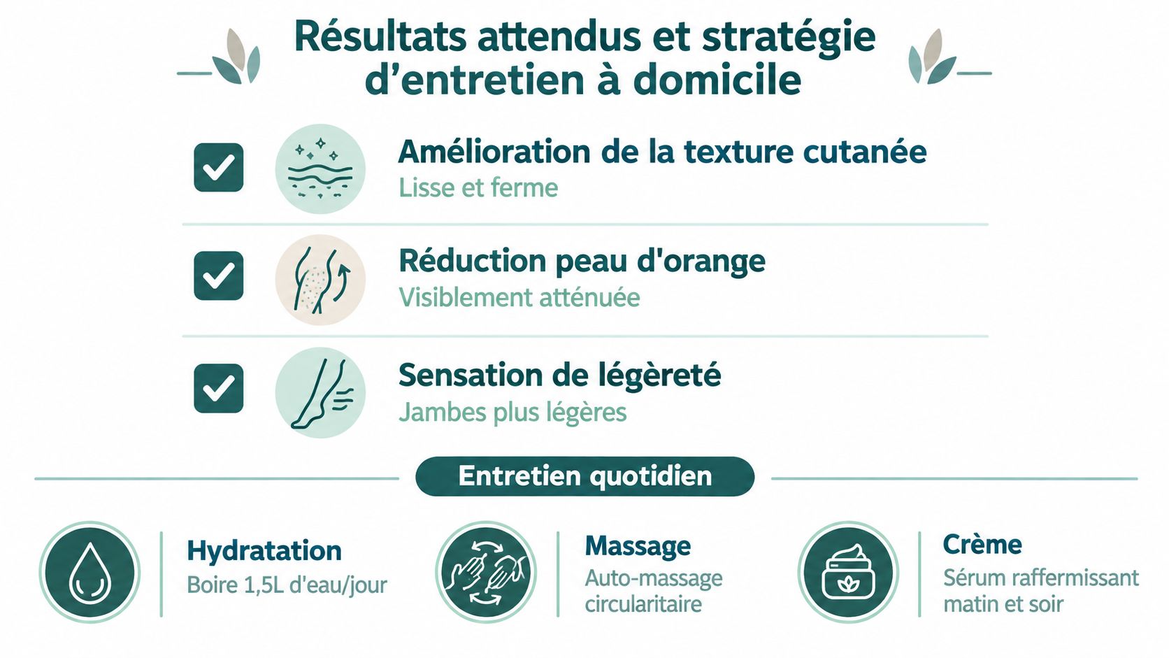 Infographie illustrant les résultats attendus et la routine quotidienne pour un soin corporel raffermissant efficace à domicile.