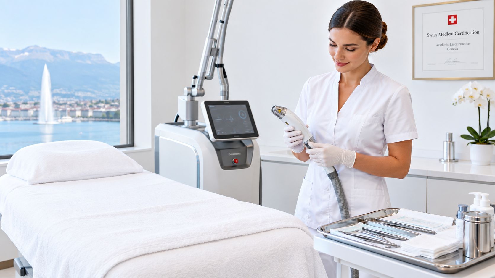 Une professionnelle de la beauté préparant un appareil laser dans une clinique esthétique avec vue sur Genève.