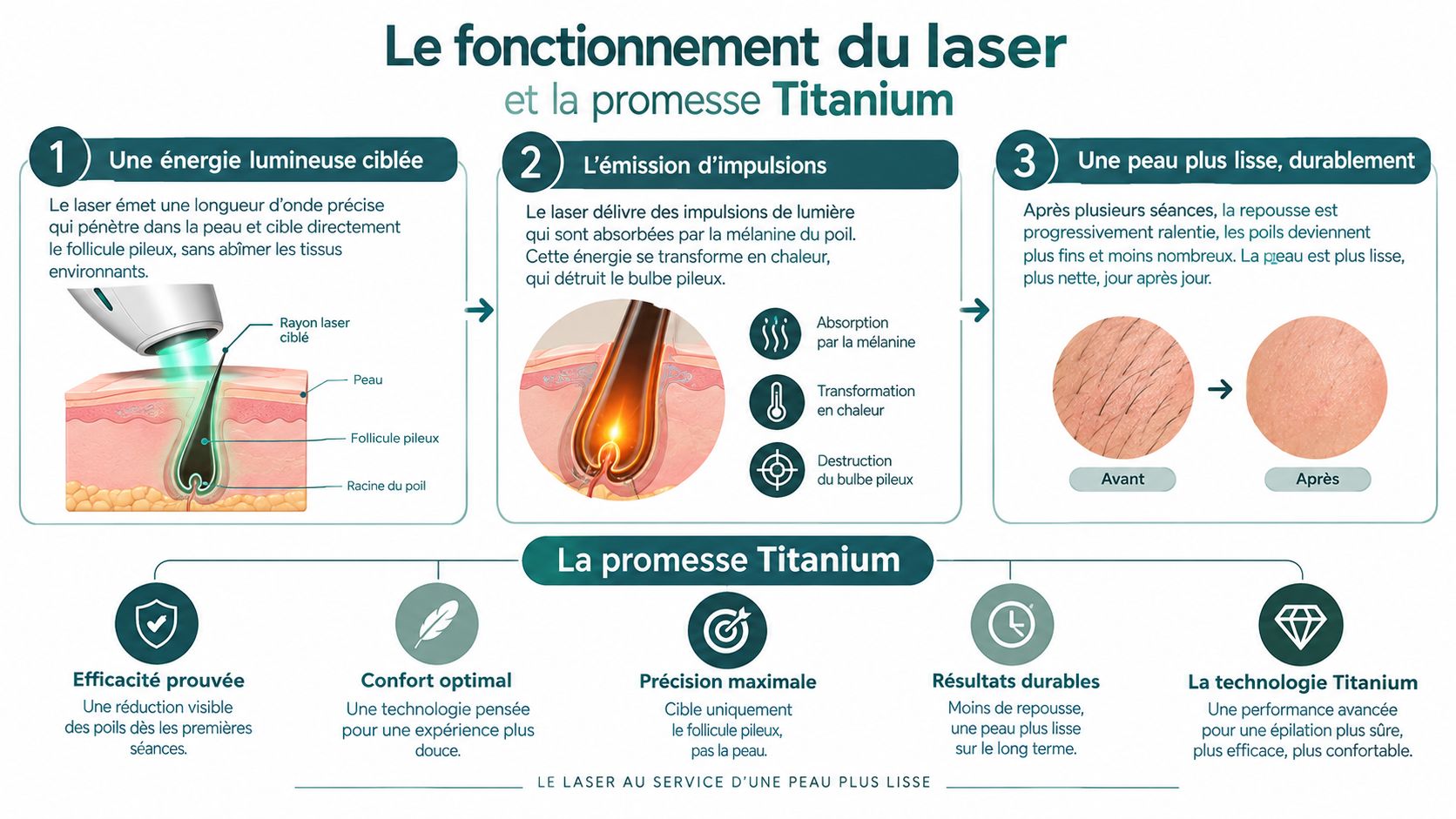 Infographie explicative du fonctionnement de l'épilation laser Titanium pour une peau lisse et sans poils.