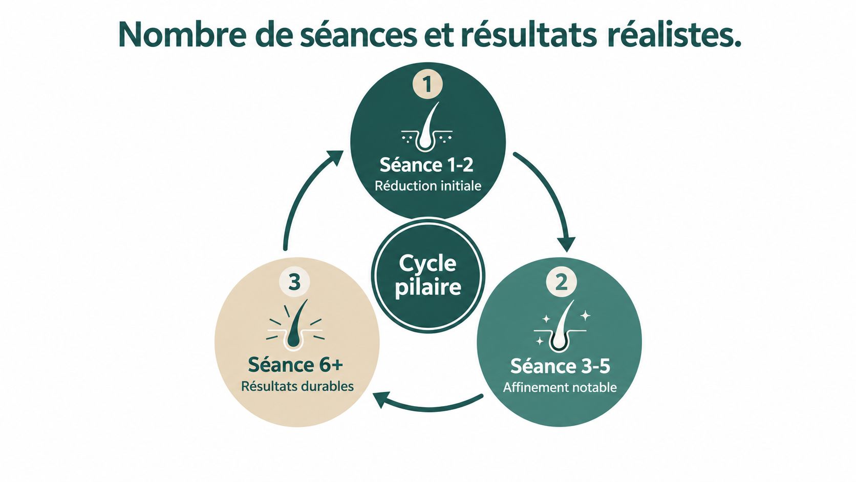 Schéma circulaire expliquant les étapes de l'épilation laser et les résultats progressifs selon le cycle pilaire.