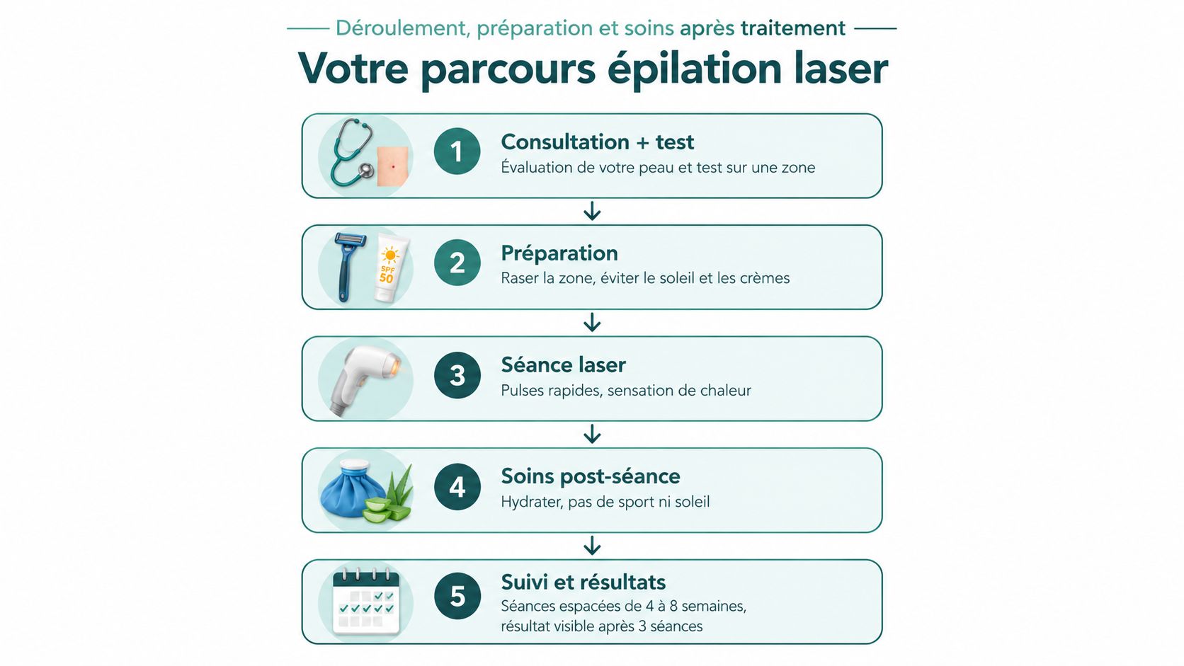 Infographie détaillant les cinq étapes du processus d'épilation laser, de la consultation initiale aux résultats finaux.