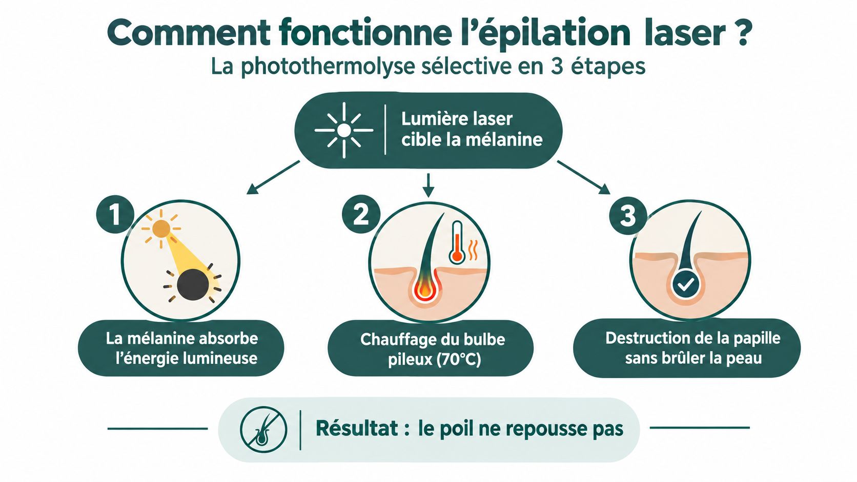 Schéma explicatif montrant le processus en trois étapes de l'épilation laser par photothermolyse sélective sur le poil.