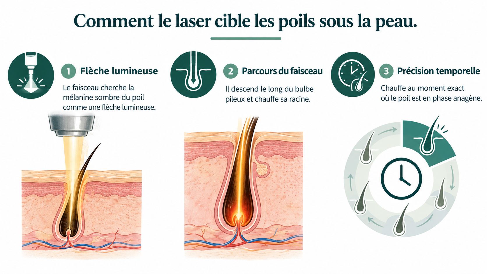 Illustration expliquant les trois étapes du processus d'épilation laser ciblant la mélanine du poil sous la peau.