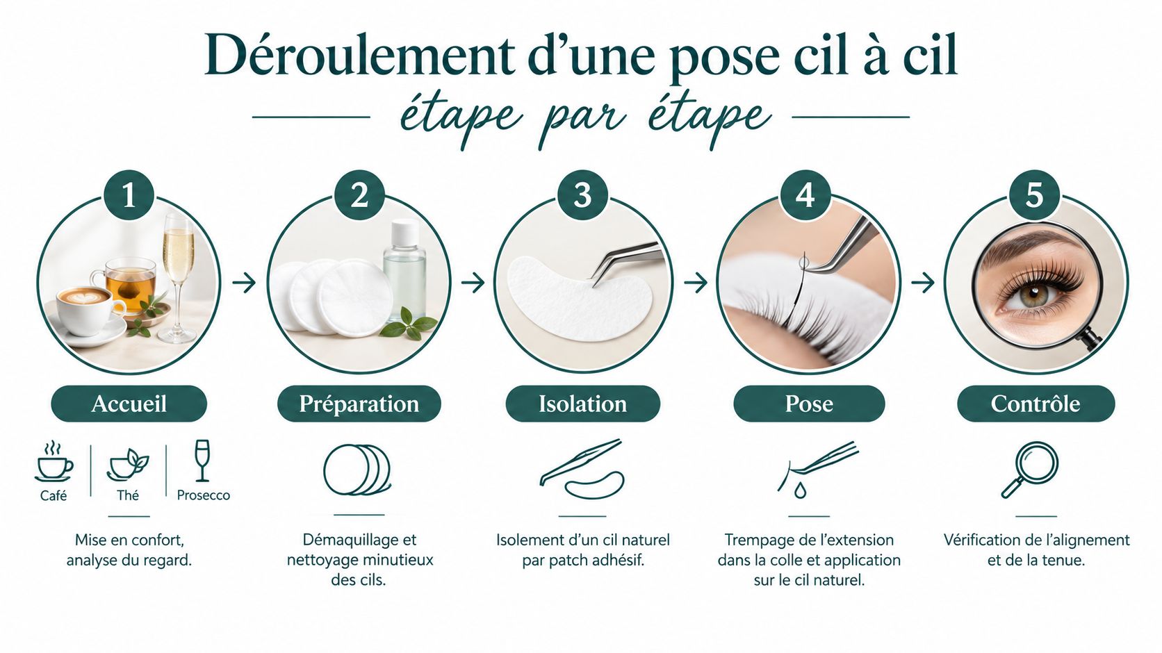 Infographie détaillant les cinq étapes du processus de pose d'extensions de cils cil à cil en salon.
