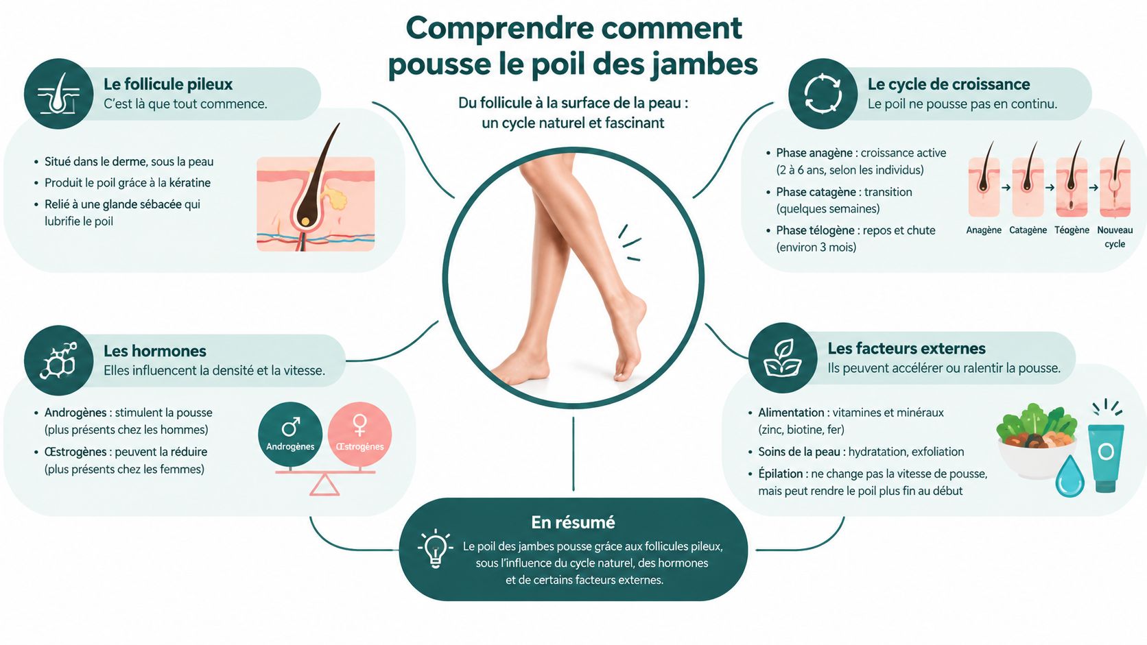 Infographie expliquant le cycle de croissance naturelle du poil des jambes, les hormones et facteurs externes influents.