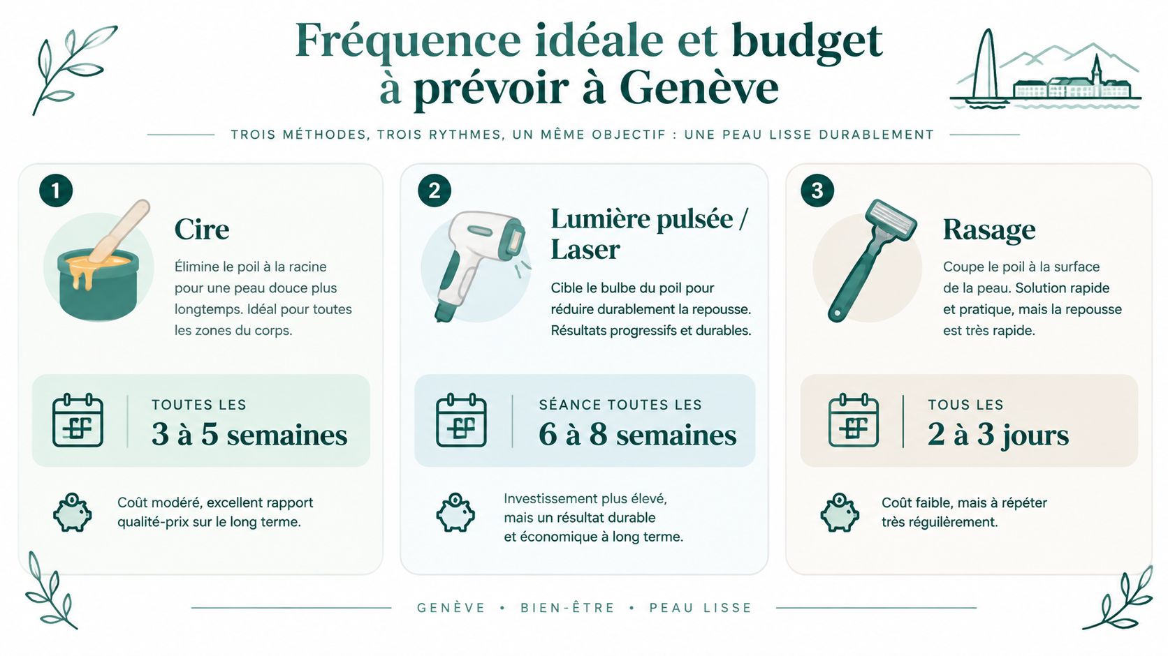 Infographie comparant la fréquence et le budget pour la cire, le laser et le rasage à Genève.