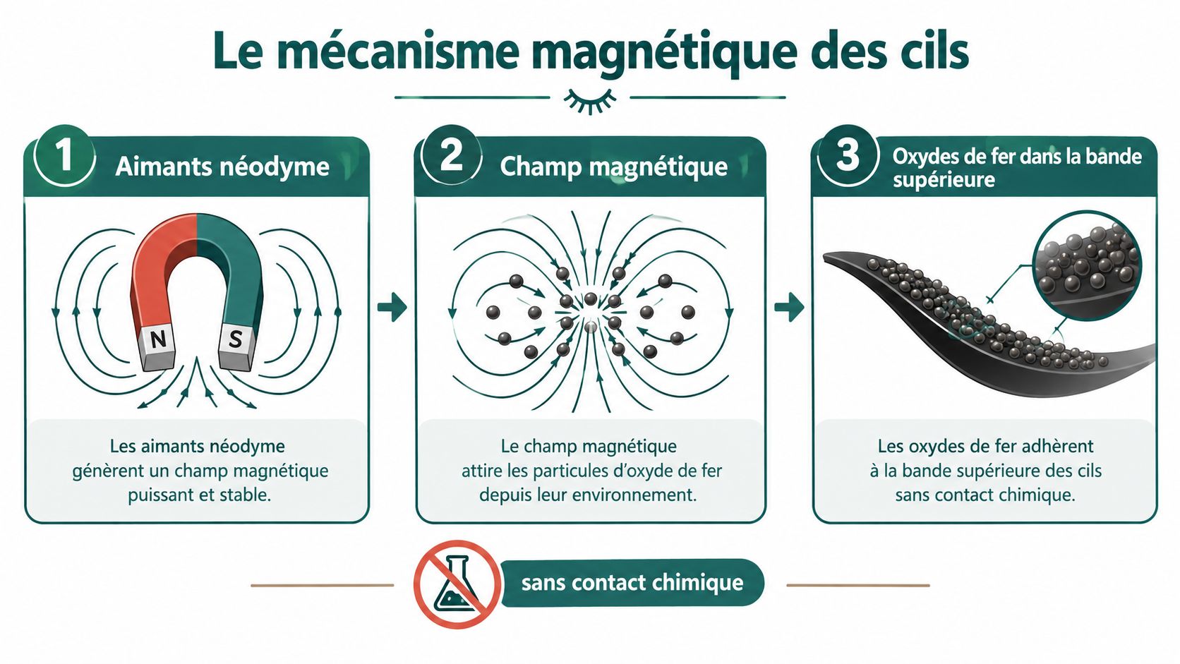 Schéma explicatif montrant le fonctionnement des faux cils magnétiques grâce aux aimants néodyme et aux oxydes de fer.