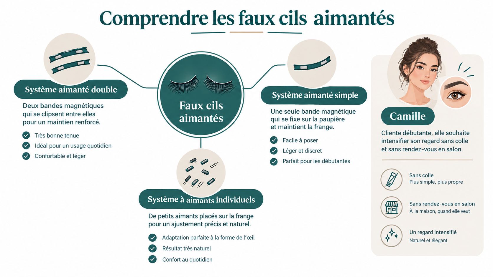 Infographie explicative sur les différents types de faux cils aimantés pour un regard intense et naturel.