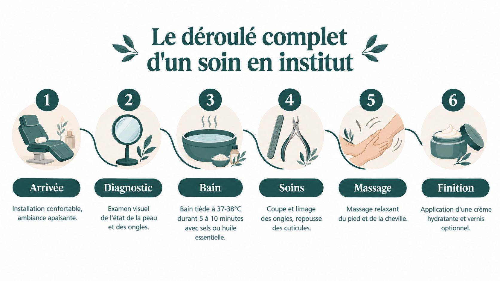 Une infographie montrant les six étapes d'un soin de pédicure complet en institut de beauté professionnel.
