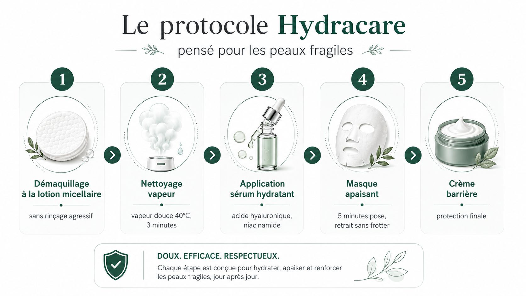 Infographie illustrant le protocole Hydracare en cinq étapes pour prendre soin des peaux fragiles avec douceur.