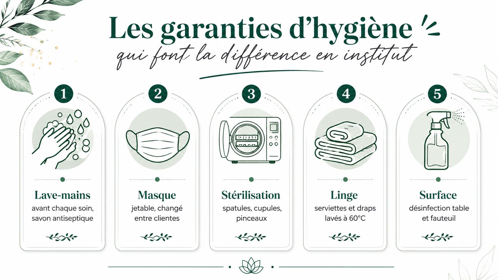 Illustration montrant les cinq étapes clés des garanties d'hygiène et de sécurité dans un institut de beauté.