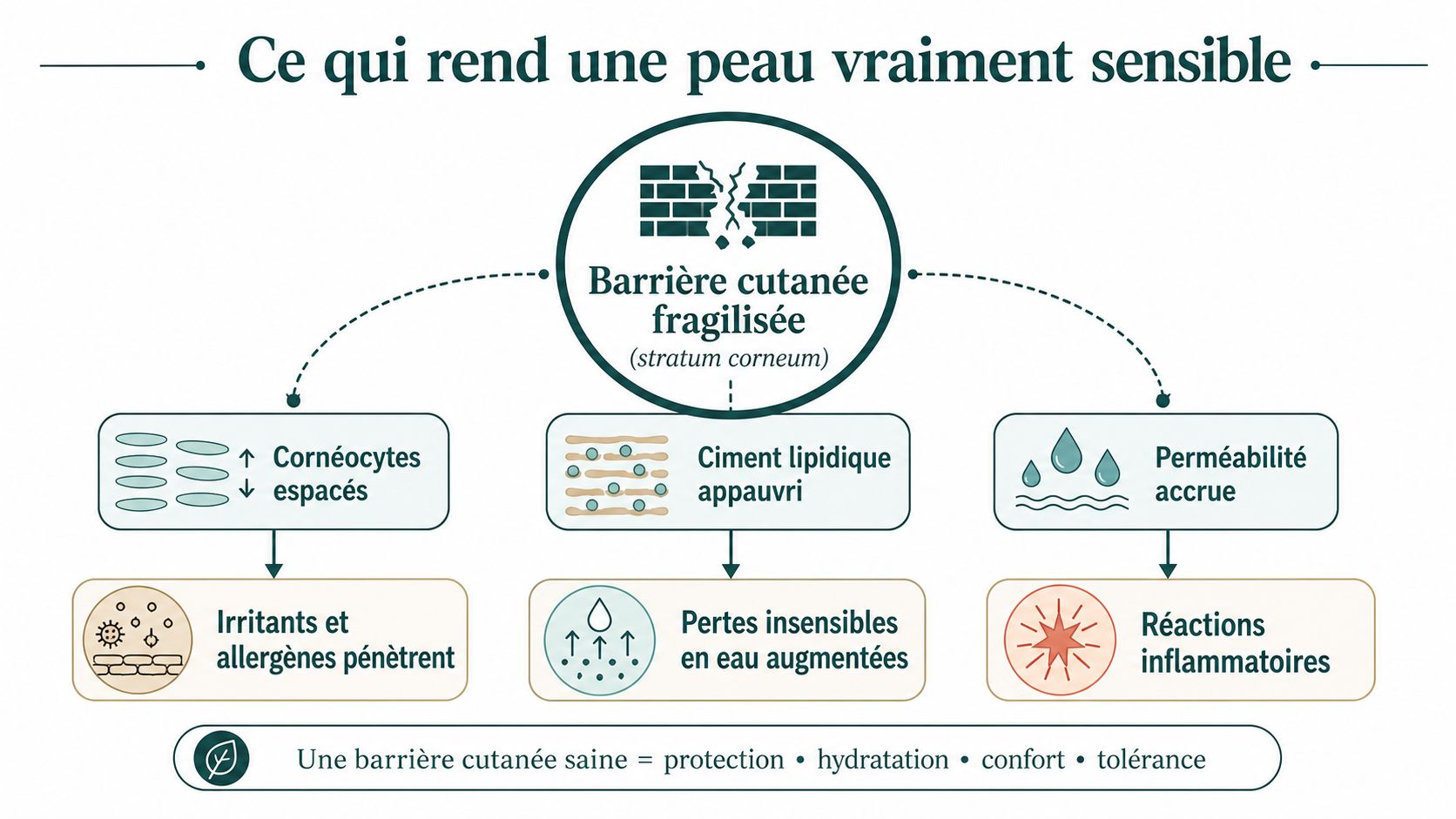 Schéma explicatif des causes physiologiques d'une peau sensible illustrant la fragilisation de la barrière cutanée.