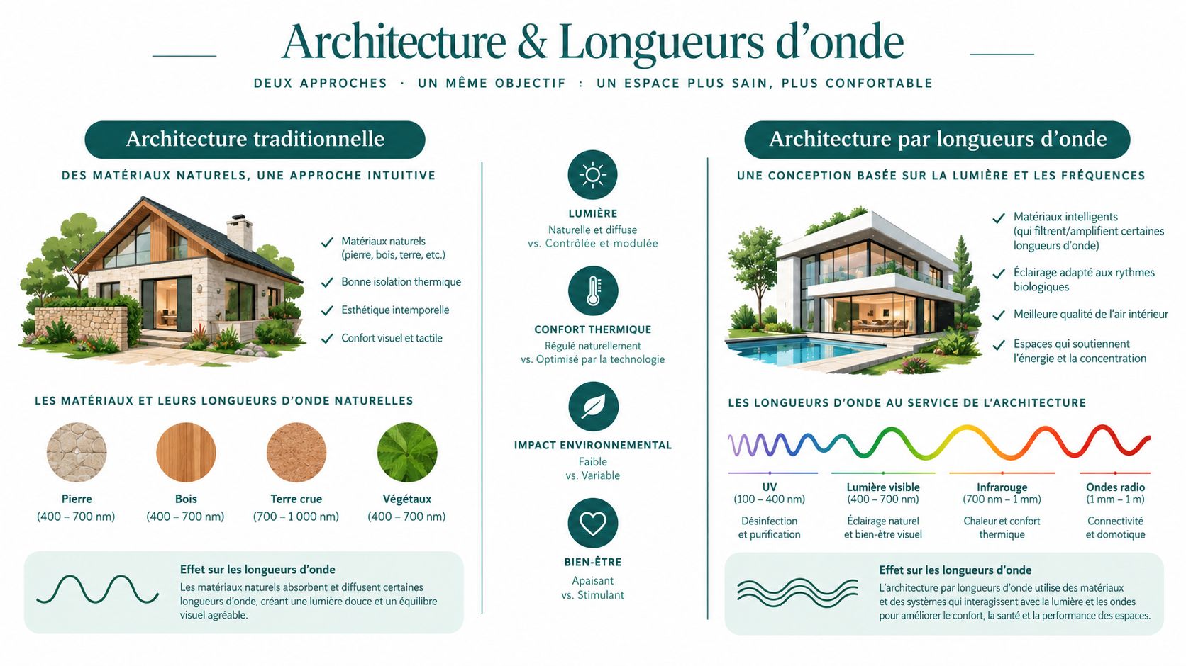 Infographie comparant l'architecture traditionnelle avec des matériaux naturels à l'architecture moderne axée sur les longueurs d'onde.
