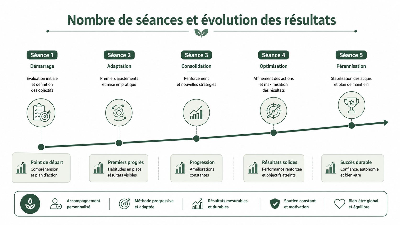 Infographie montrant le processus en cinq séances pour atteindre des résultats durables et un bien-être global.