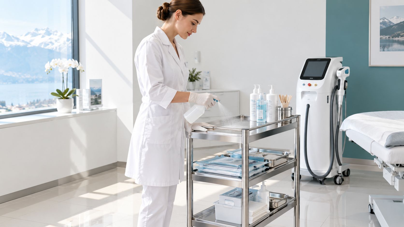 Une esthéticienne en blouse blanche désinfectant un chariot médical dans une clinique de soins esthétiques moderne.
