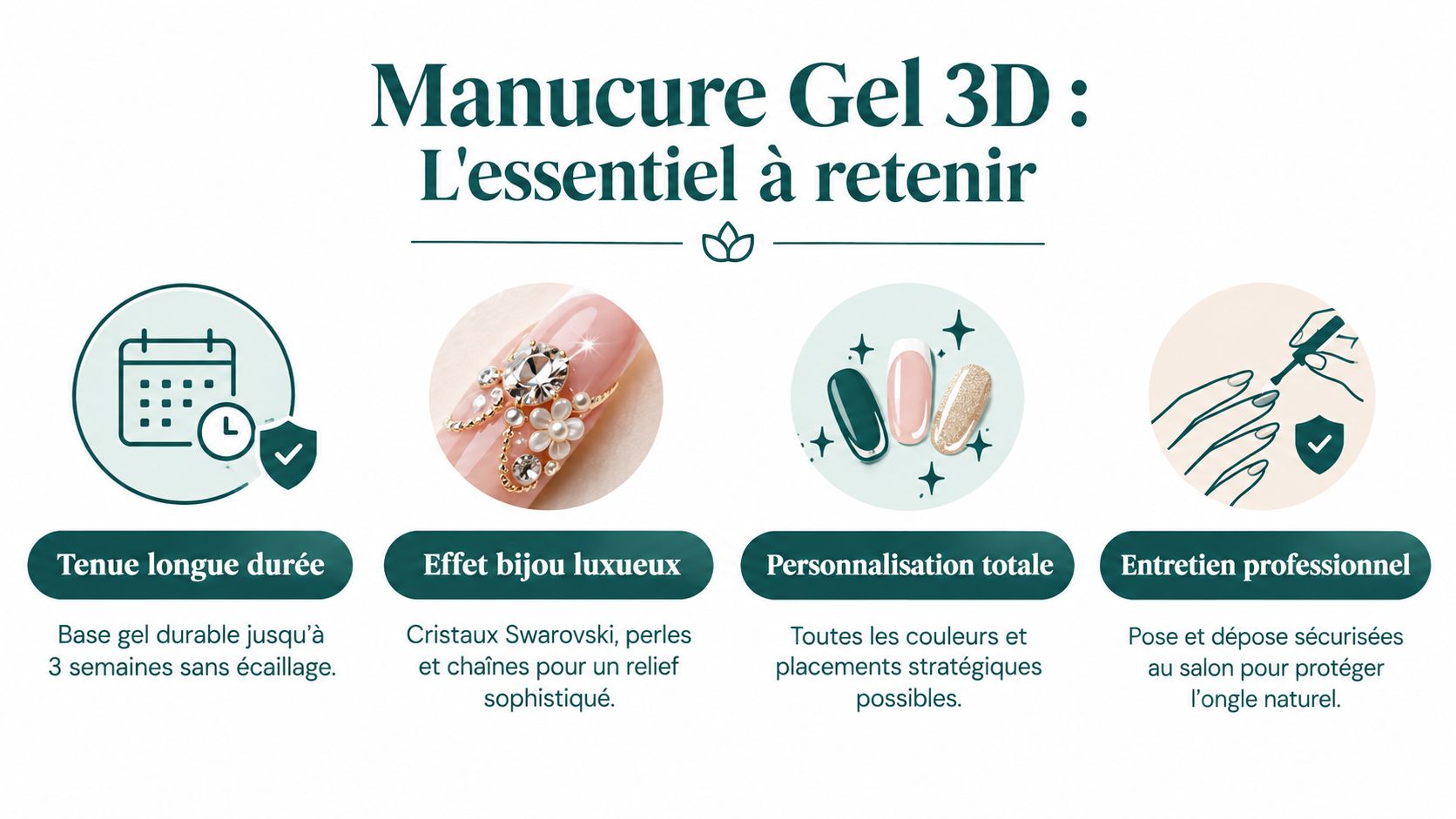 Infographie présentant les avantages d'une manucure au gel 3D, mettant en avant durabilité, style luxueux et professionnalisme.