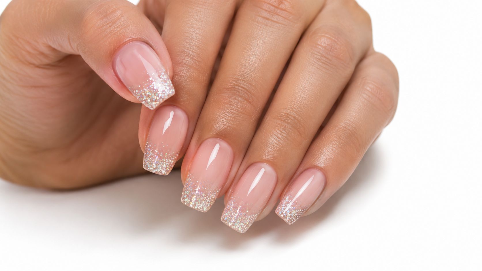 Main d'une femme avec une manucure élégante présentant des ongles en gel dégradé avec des paillettes brillantes.