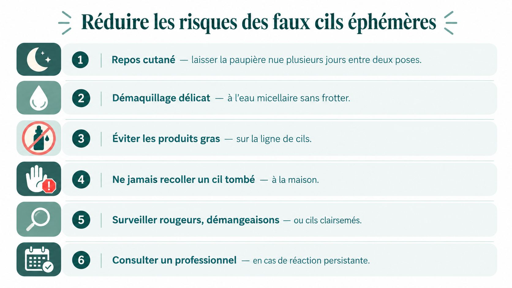 Infographie illustrant six conseils essentiels pour prévenir les risques liés à l'utilisation de faux cils éphémères.