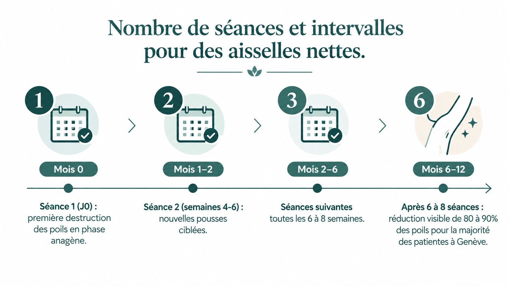Schéma explicatif du processus d'épilation laser des aisselles, détaillant le nombre de séances et les intervalles nécessaires.