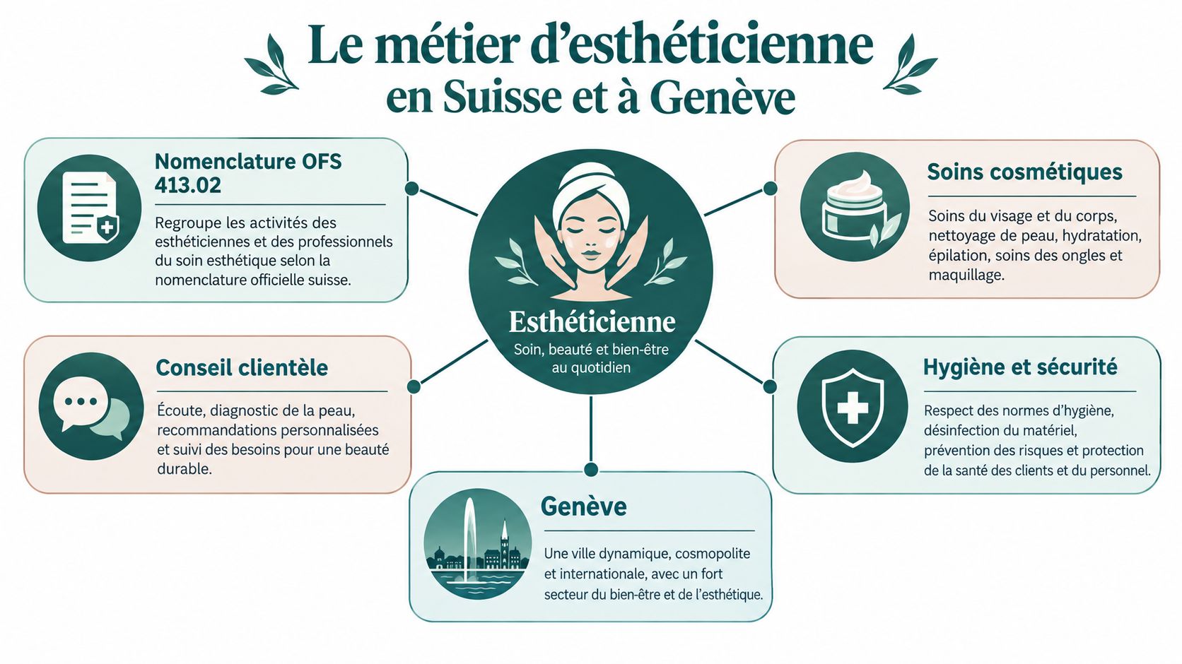 Infographie illustrant les rôles et le contexte professionnel du métier d'esthéticienne en Suisse et à Genève.