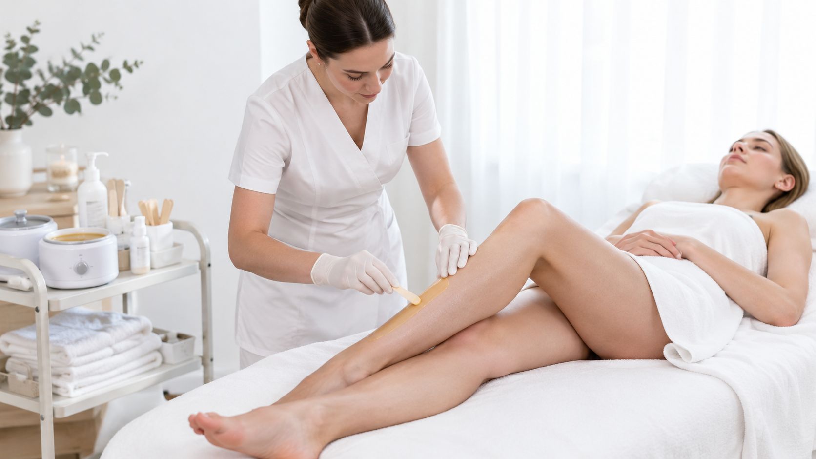 Une esthéticienne professionnelle appliquant de la cire tiède sur la jambe d'une cliente dans un salon