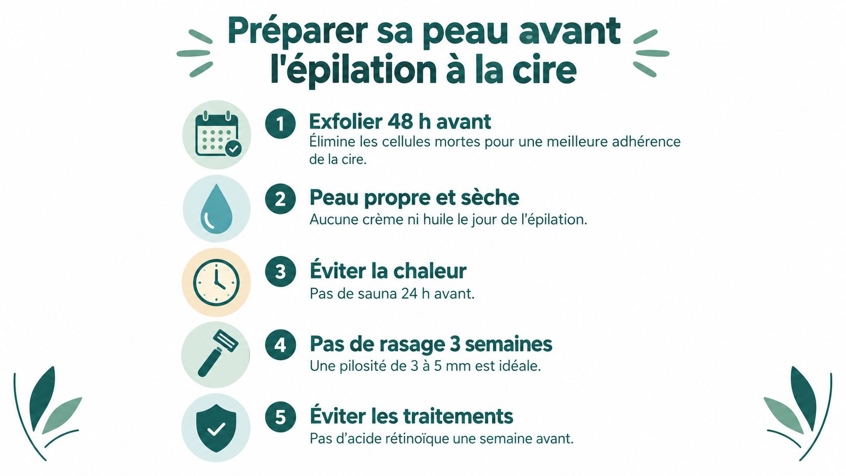 Une infographie montrant cinq conseils pour préparer la peau avant une séance d'épilation à la cire.