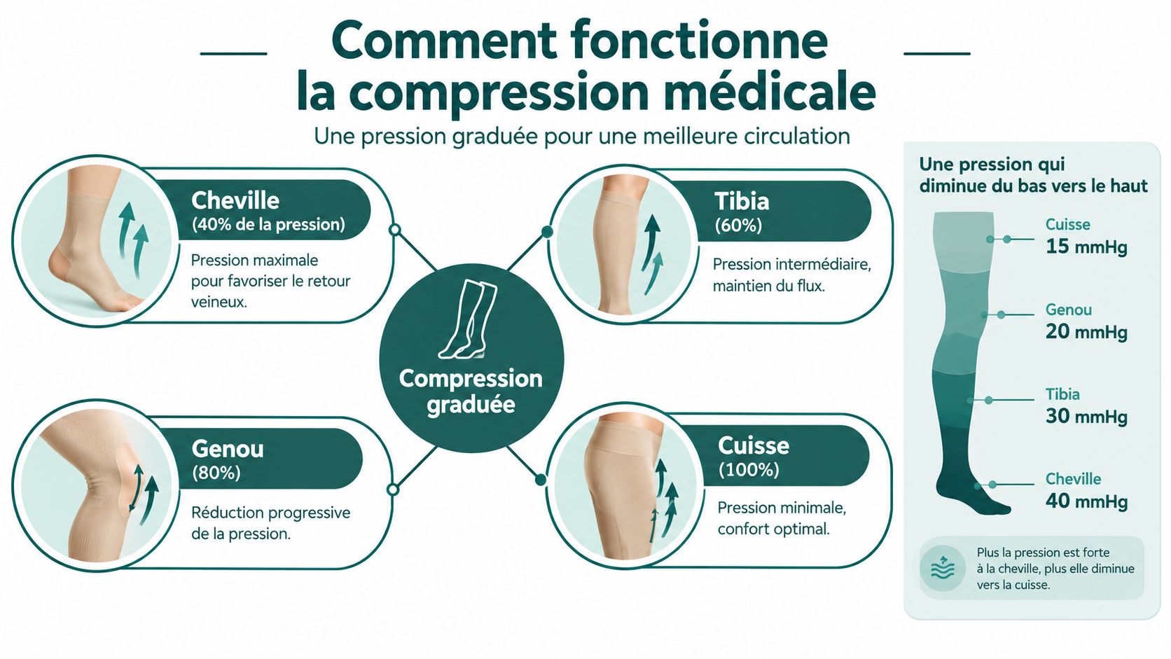 Infographie montrant le fonctionnement de la compression médicale graduée à travers différentes zones de la jambe humaine.