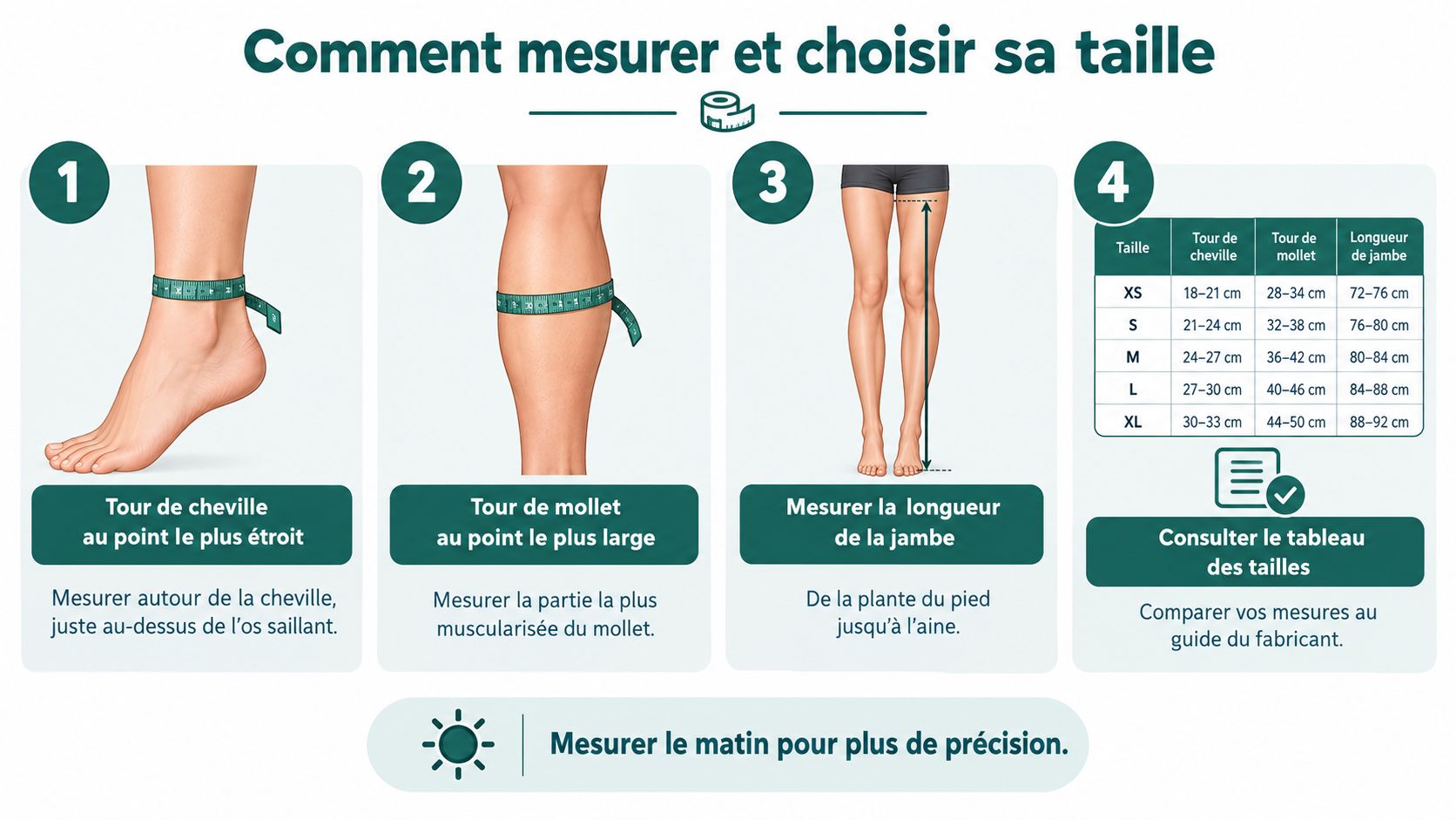 Guide illustré montrant comment prendre ses mesures de jambe pour choisir la taille correcte de bas compressifs.