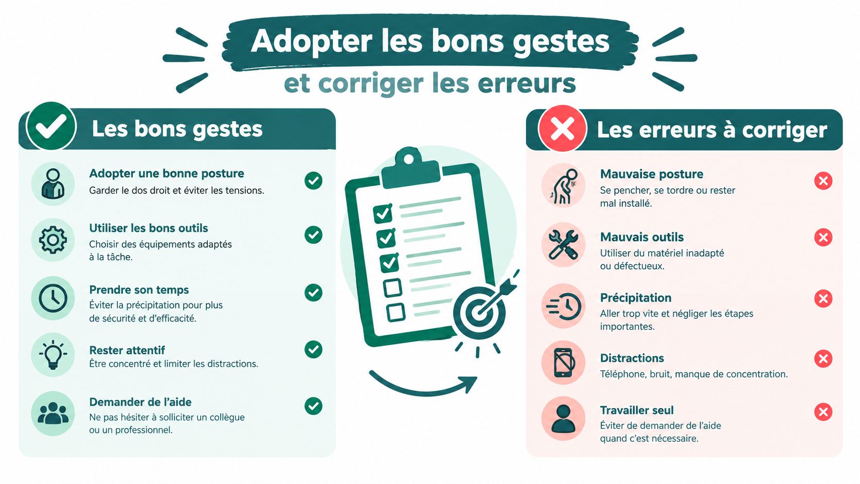 Une infographie comparant les bonnes pratiques de travail et les erreurs courantes à éviter au quotidien.