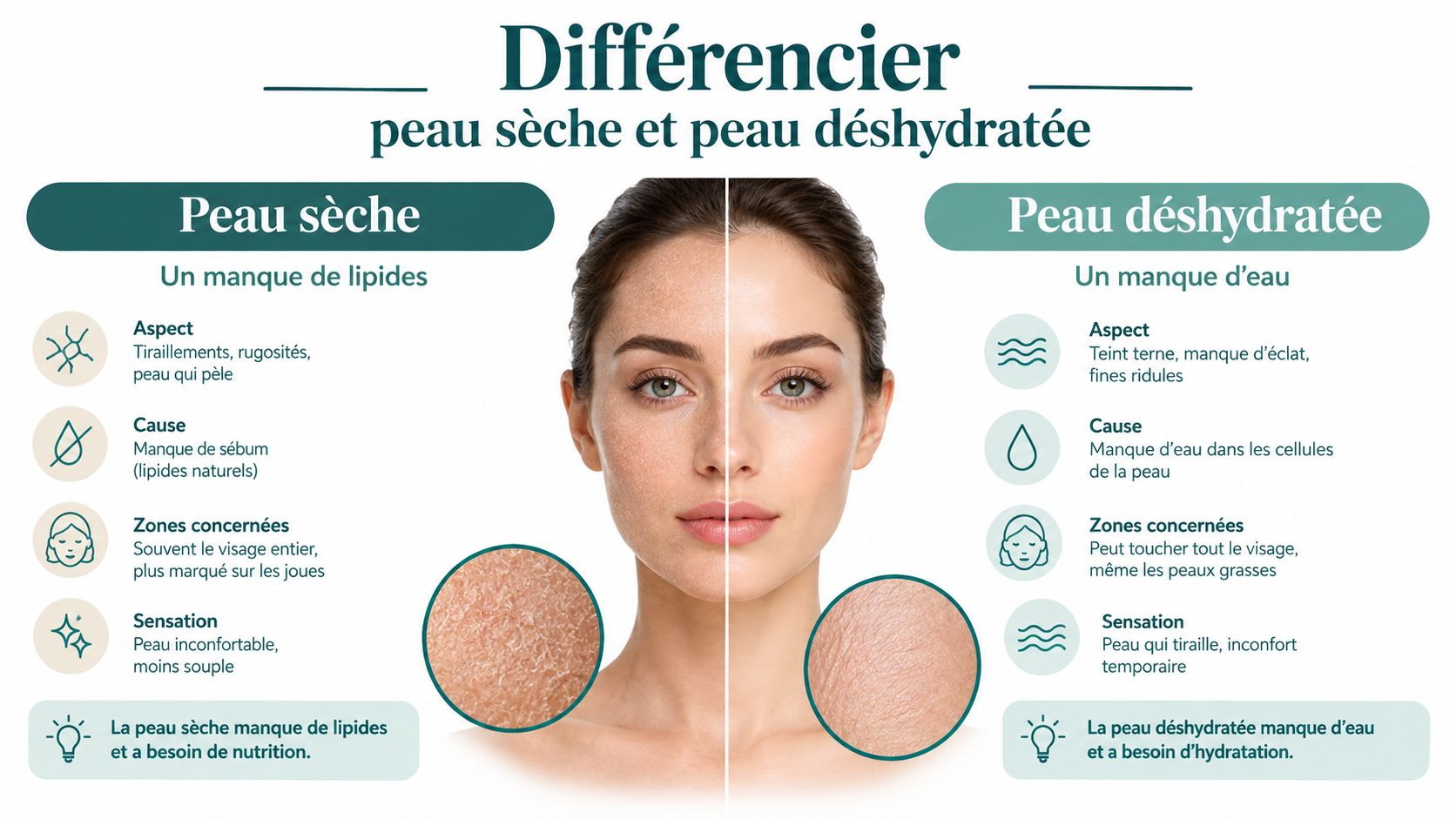 Infographie comparant la peau sèche, qui manque de lipides, et la peau déshydratée, qui manque d'eau.