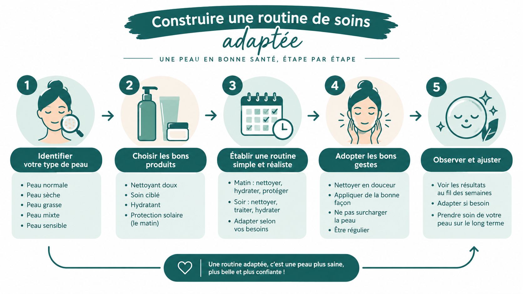 Une infographie montrant les cinq étapes essentielles pour établir une routine de soins du visage adaptée.