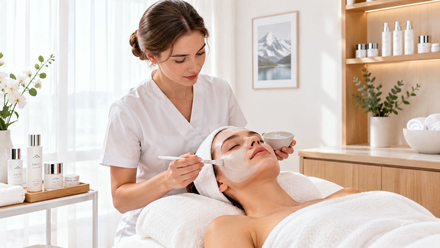 Une esthéticienne professionnelle appliquant délicatement un masque facial hydratant sur le visage d'une cliente détendue au spa.