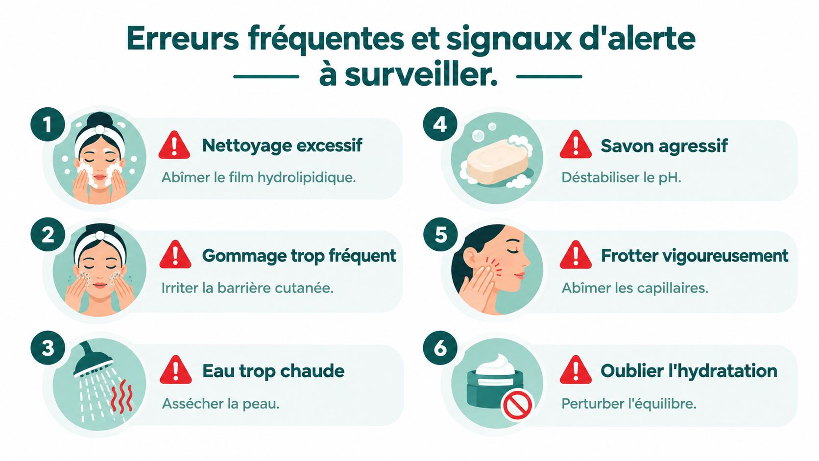 Infographie illustrant six erreurs courantes de soin du visage à éviter pour maintenir une peau en bonne santé.