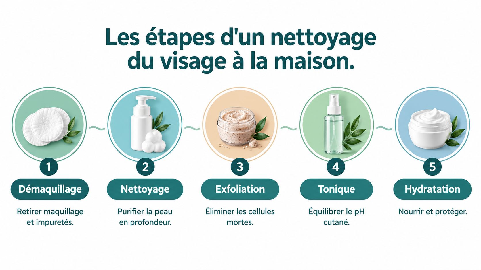 Une infographie montrant les cinq étapes essentielles d'une routine de nettoyage du visage à la maison.