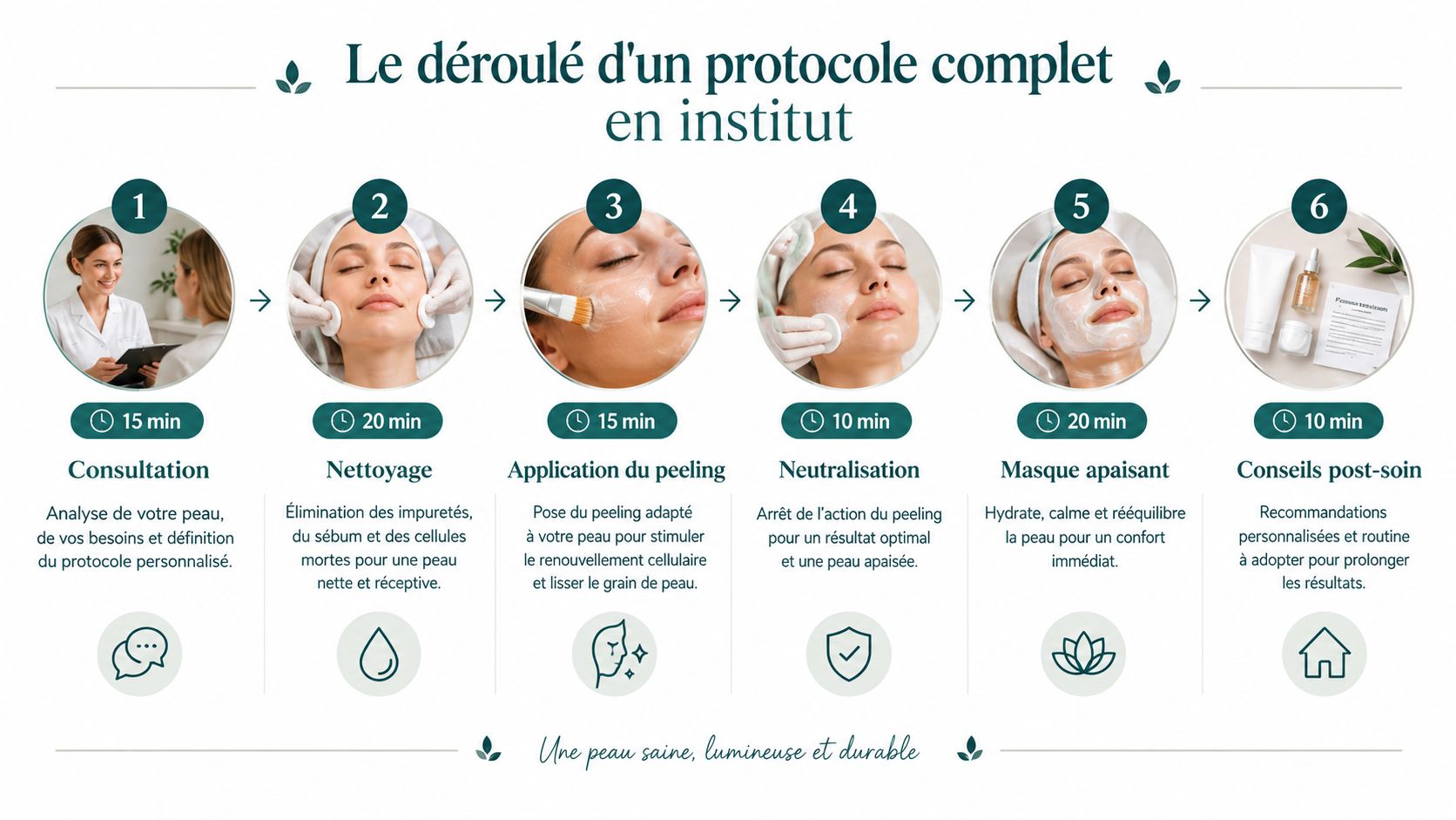 Infographie détaillant les six étapes d'un protocole complet de peeling pour le visage en institut de beauté.