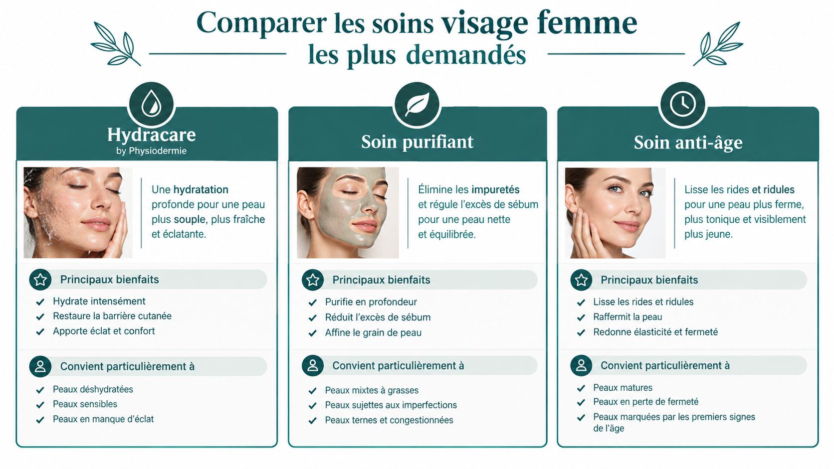 Tableau comparatif des soins visage femme les plus demandés, incluant Hydracare, Soin purifiant et Soin anti-âge.