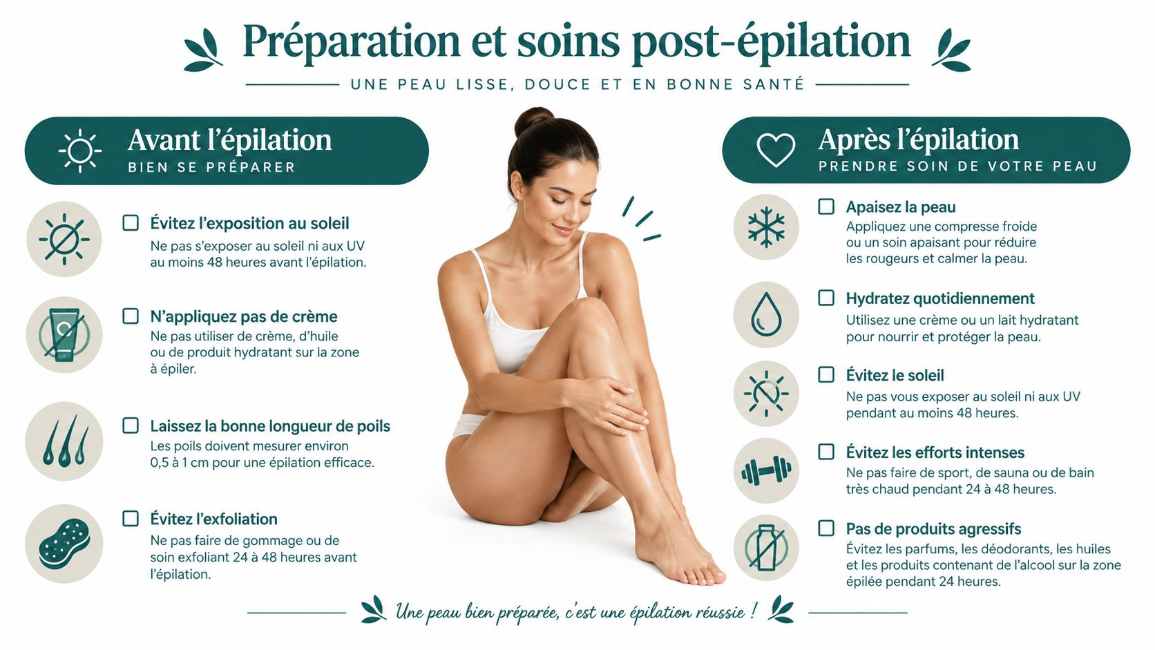 Infographie détaillée illustrant les conseils de préparation et les soins post-épilation pour une peau douce et saine.