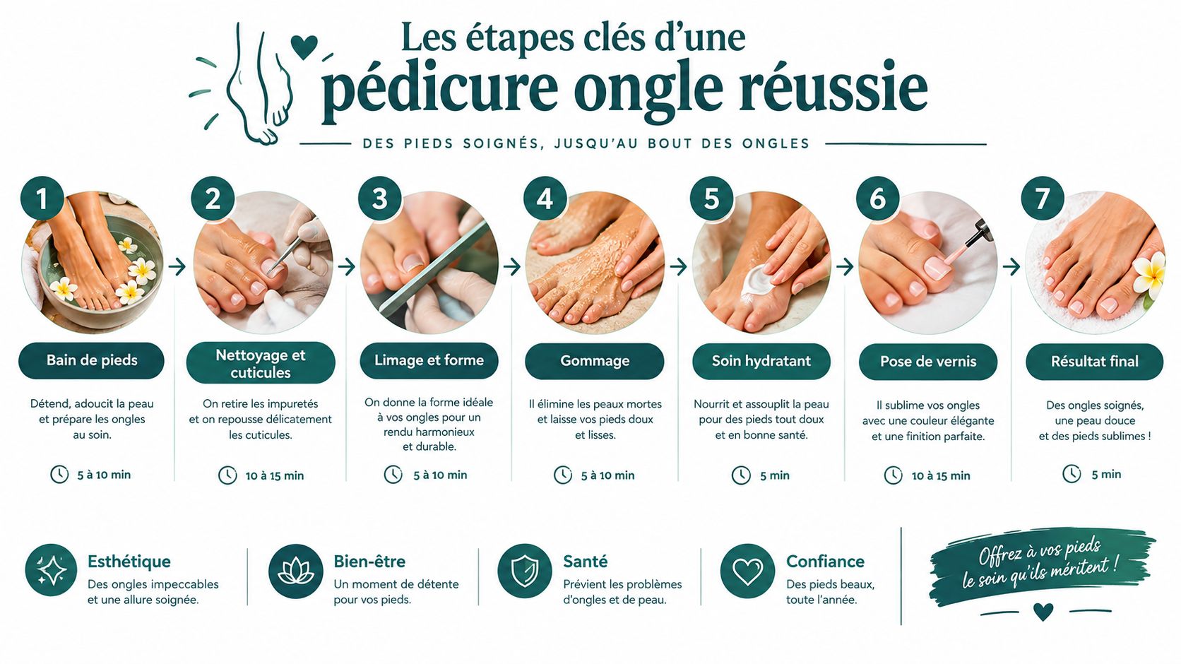 Une infographie détaillée illustrant les sept étapes essentielles pour réaliser une pédicure parfaite à la maison.
