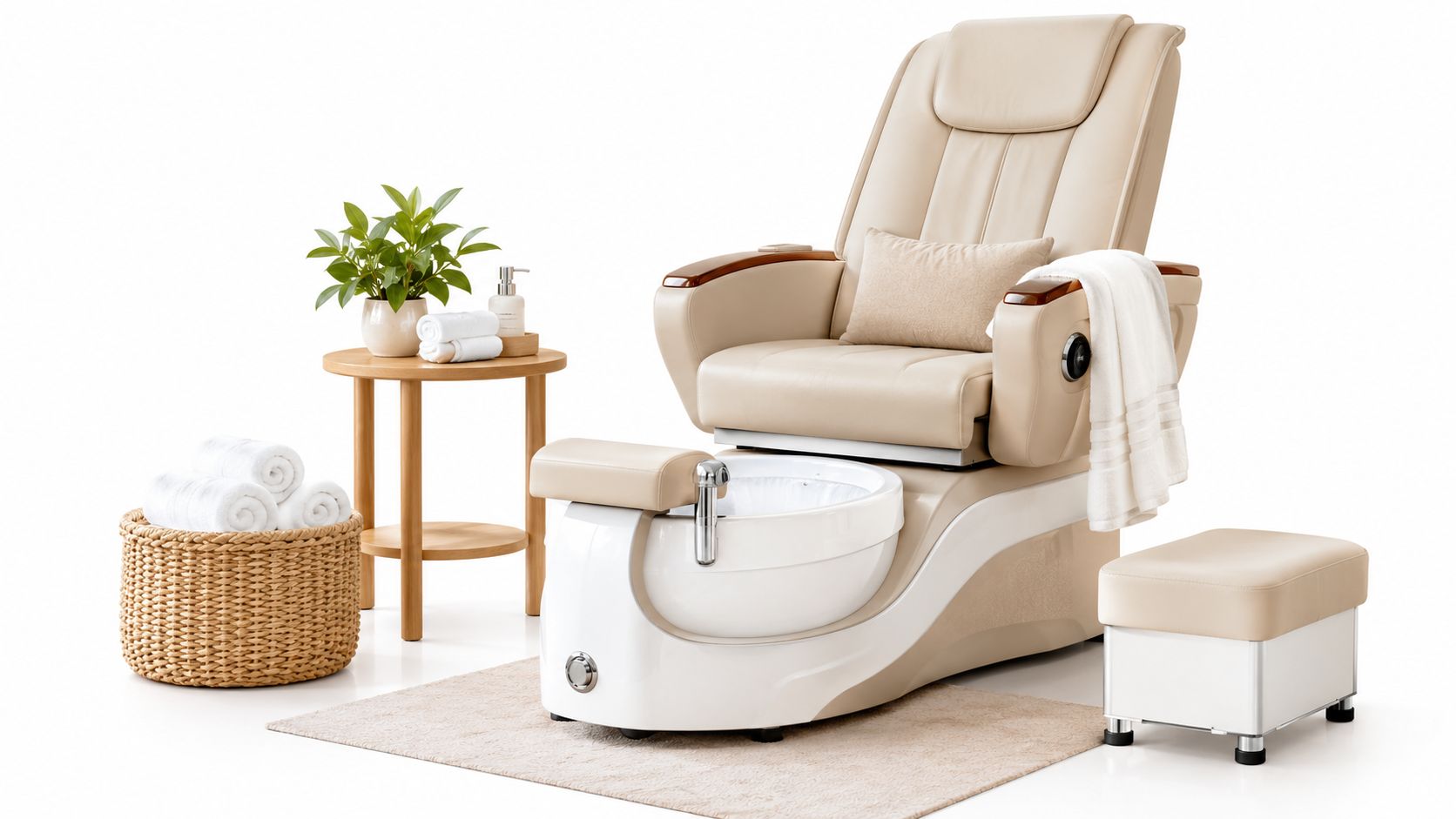 Fauteuil de pédicure professionnel confortable avec un bol de spa pour pieds dans un salon de beauté.