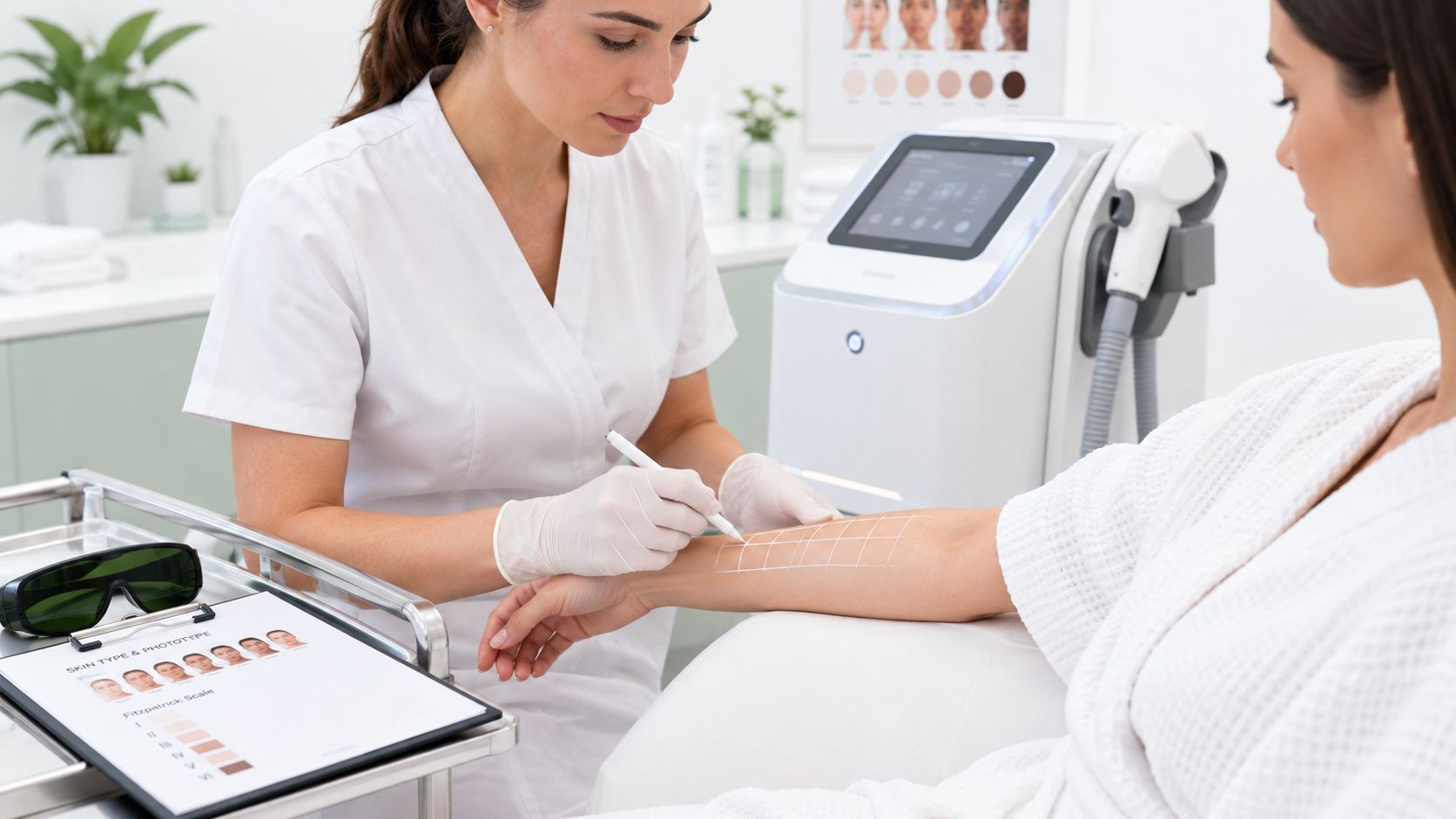Une dermatologue prépare le bras d'une patiente pour une séance d'épilation laser dans une clinique spécialisée.