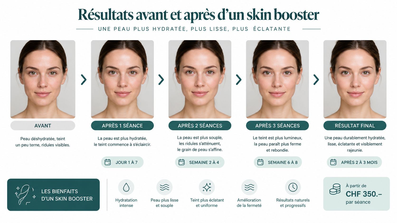 Comparaison visuelle des effets d'un traitement skin booster sur le visage montrant une peau progressivement rajeunie.