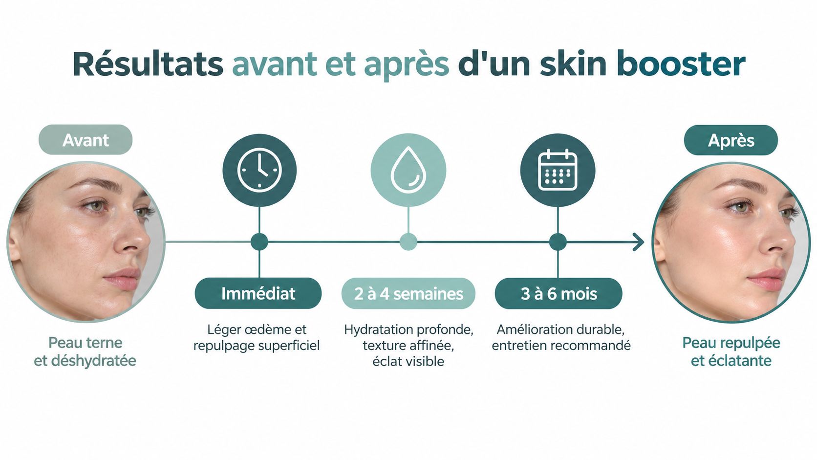 Infographie montrant les résultats d'un traitement skin booster sur la peau du visage avant et après.