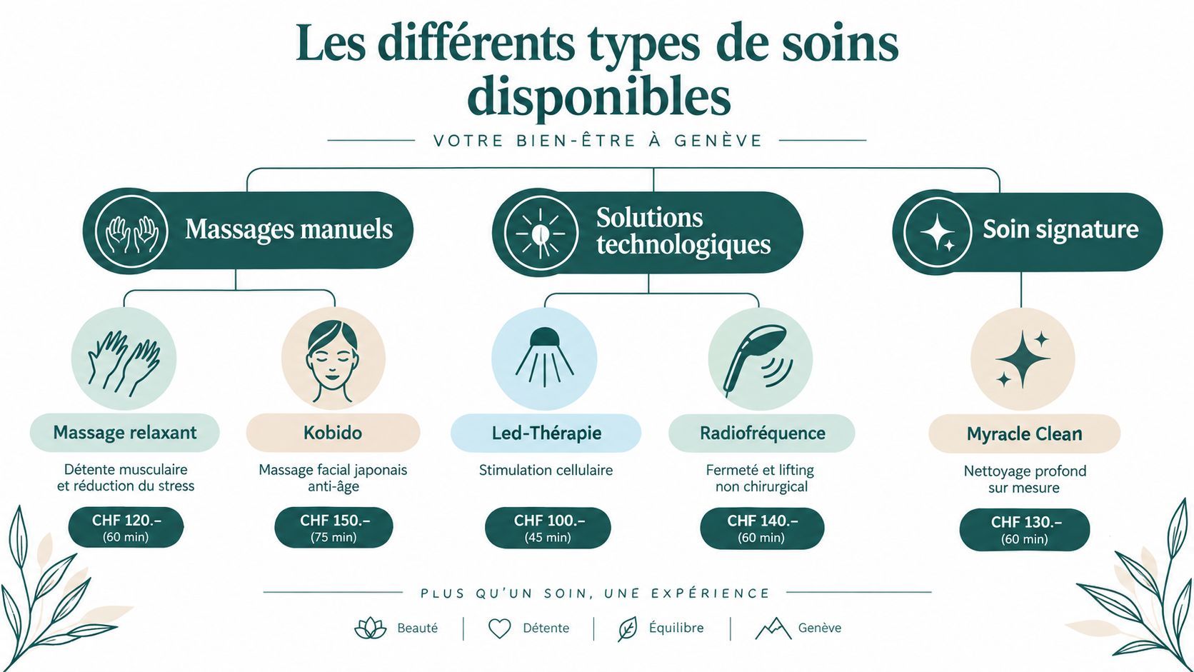 Une infographie présentant les différents services de soins disponibles dans un institut de bien-être à Genève.