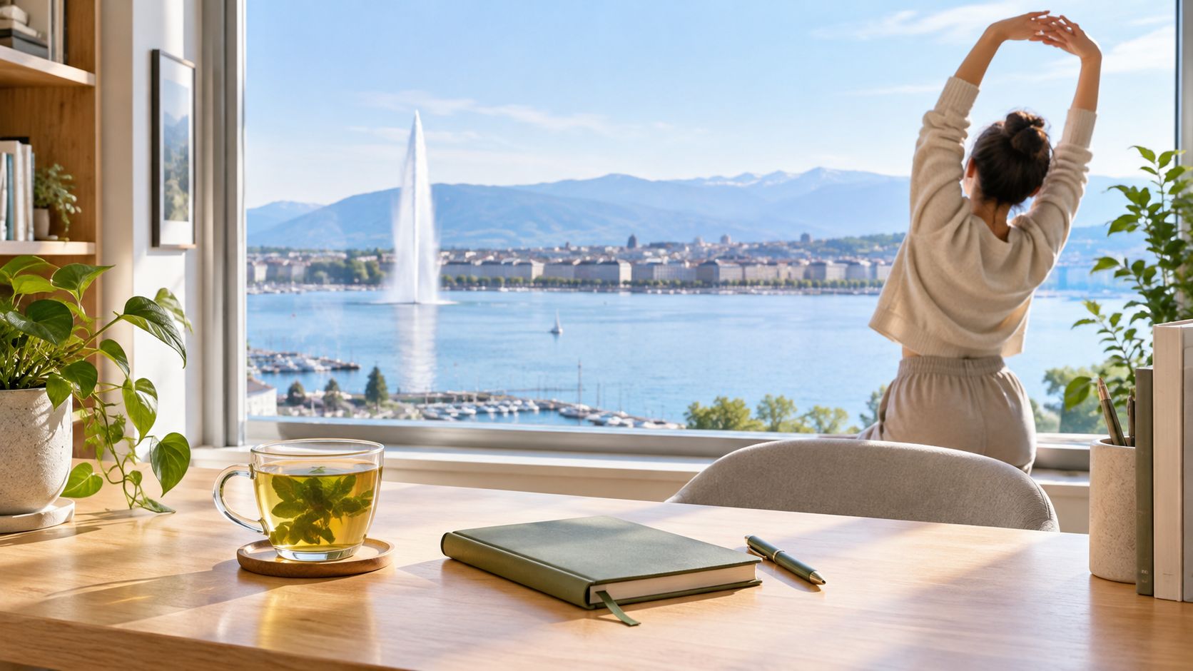 Une femme s'étirant devant une fenêtre surplombant le lac Léman avec le jet d'eau de Genève.