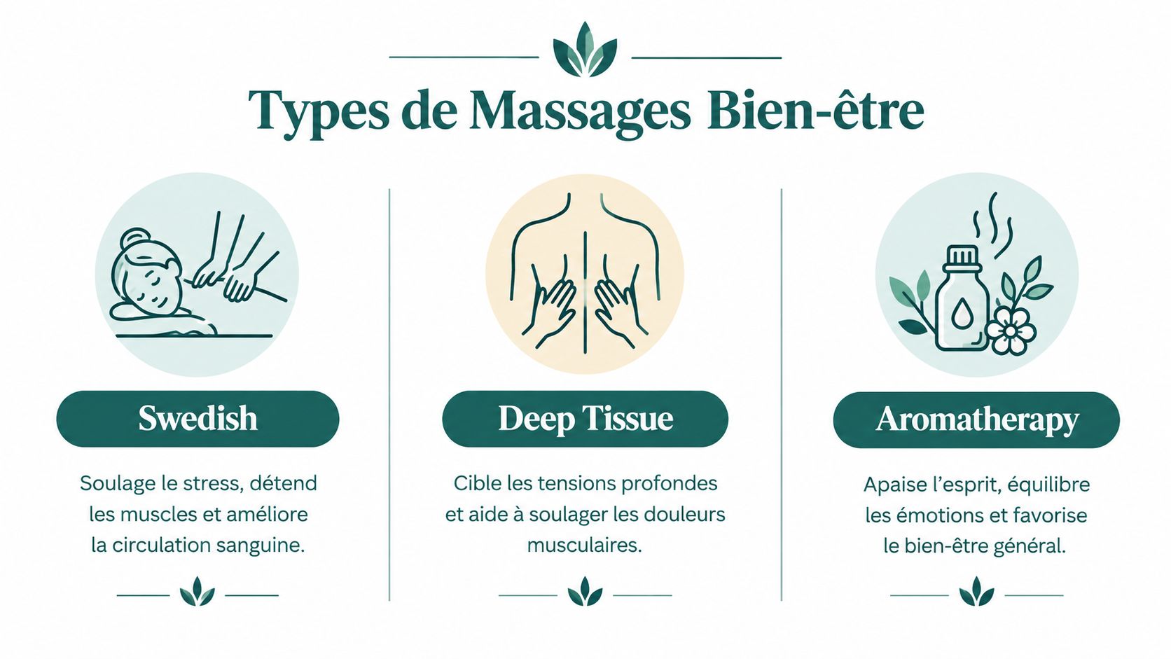 Illustration montrant trois types de massages bien-être, suédois, deep tissue et aromathérapie, avec leurs avantages respectifs.